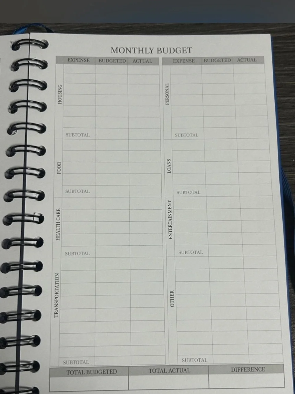 Budget Planner Spiral Notebook in Blue